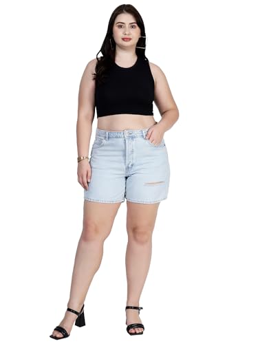 HAPPENING Plus Size Women Non Stretch Denim Boyfriend Shorts- Length 16.5" inch- Distressed- HIGH Rise- Faded Ice Blue Color- Waist Size (XL) 34" to (4XL) 40" inch (in, Alpha, 3XL, Faded Ice Blue)