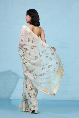 Taneira Women Off White Printed Pure Silk Cotton Saree with Unstitched Blouse Piece (SPH08F00024-Off White)