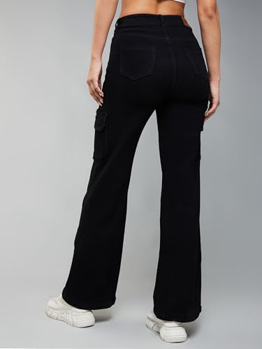 Miss Chase Women's Wide Leg High Rise Patch Pocketed Regular Stretchable Denim Jeans (MCSS24DEN79-02-331-38, Lead Black, 38)