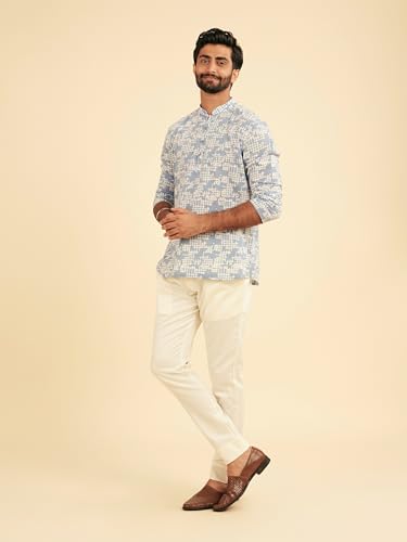Manyavar Men's Cotton Printed Casual Short Kurta (Light Blue,XL)