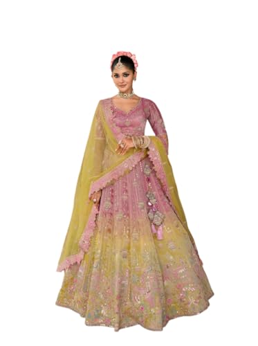 Designer Bridal Lehenga Choli Set, Pink and Yellow Ombre with Embroidery