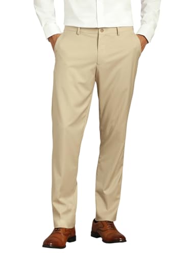Men Beige Solid Flat Front Formal Trousers