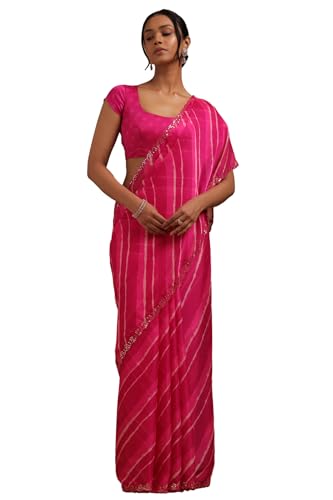 Soch Womens Fuchsia Georgette Leheriya Print Saree With Sequins