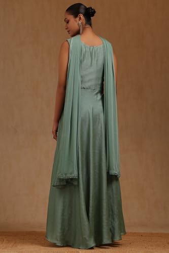 Soch Womens Turquoise Blue Vichitra Embroidered Gown with Cutdana