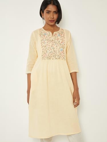Max Women Embroidered Straight Kurta(Yellow_S)