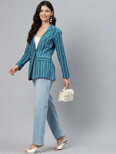 Cottinfab Women Blue & White Striped Single-Breasted Pure Cotton Blazer