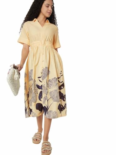 Max Women Floral Print Midi Shirt Dress(White_M)