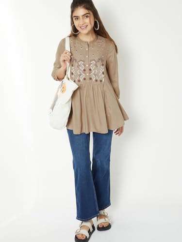 Max Women Embroidered Tunic (Beige_XXL)