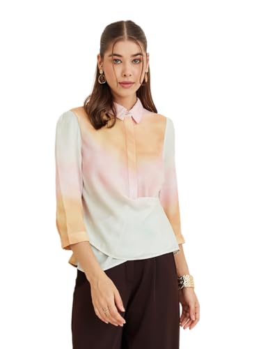 Latin Quarters Women's Pink Collar Neck 3/4Th Sleeves Tie-Dye Casual Top_L