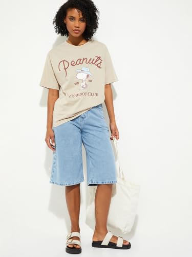 Max URB_N Women Peanut Snoopy Print Oversized T-Shirt (Beige_XS)