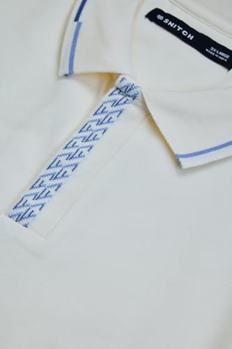 SNITCH Men Plus Size Polo T-Shirt | Geometric Patterned Placket & Contrast Tipping | Cotton Lycra Blend Stretchable Half Sleeve Polo for Casual & College Wear Off-White