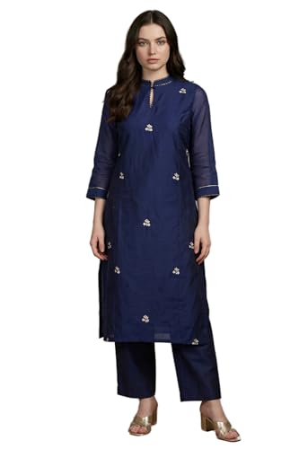 W for Woman Navy Blue Zari Chanderi Straight Kurta with Straight Pant and Dupatta Set - (WSST19985-213192-XS)