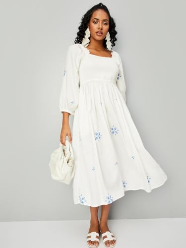 Max Below The Knee Women's Square Neck Smocked A-Line Dress (Embdrs41001Off White)_M