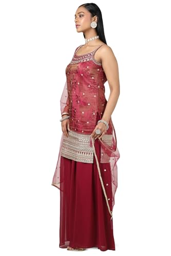 Soch Womens Magenta Tissue Embroidered Suit Set With Sequins