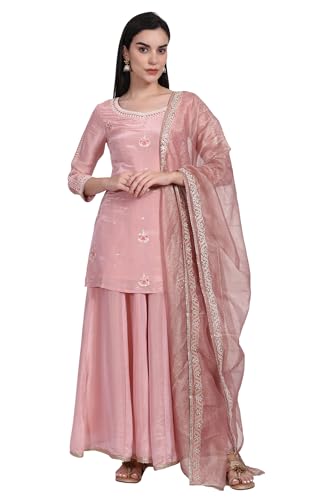 W for Woman Pink Embroidered Zari Embellished Straight Tissue Kurta with Sharara and Dupatta Set (WS13087-224072-S)