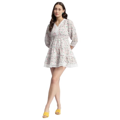 Madame Ditsy Floral Print V-Neck Mini Dress Off White