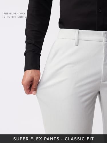 The Souled Store Super Pants: Urban Ash Mens and Boys Light Grey Solid Poly-Viscose Blend Classic Fit 4-Way Stretch Wrinkle-Free Trousers