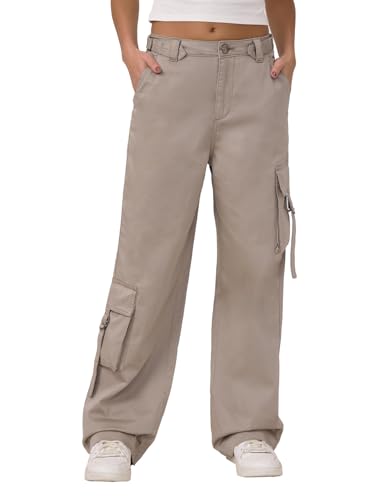 The Souled Store Cotton Pants: Taupe Women and Girls Buttoned Cotton Straight Fit Cargo Pants