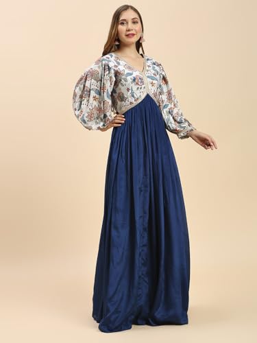 madhuram textiles Women's Chinon Gown For Women Ethnic With Digital Print And Embroidery Work Long Gown(M-2453 Mor Pichch_Small) Blue