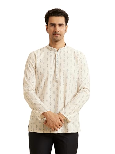 Manyavar Men's Art Silk Printed Regular Fit Casual Short Kurta (White,XXL)
