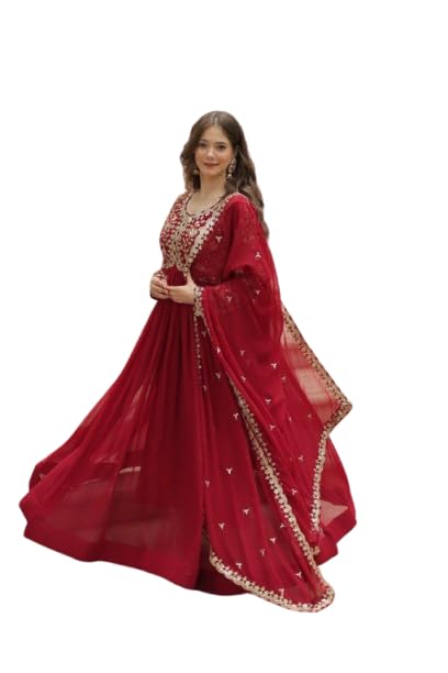 Quteanza Fashion Embrodary Work Anarkali Gown with Duppata Set Anarkali Gown BirtyDay Celebration Etc (in, Alpha, L, Regular, Maroon)