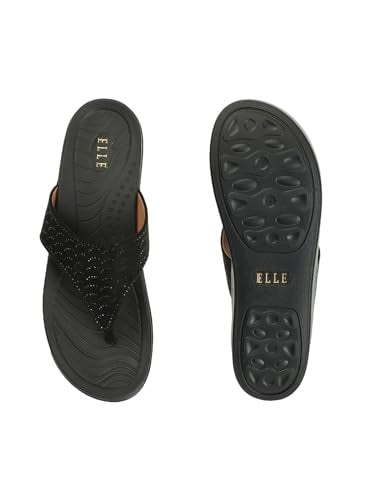 ELLE Women's Fashionable T-Strap Comfartable Sandals Colour-Black, Size-UK 3