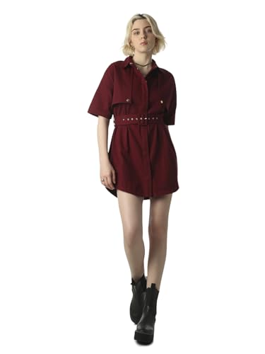 ONLY Women's Solid Fit and Flare Maroon Dress