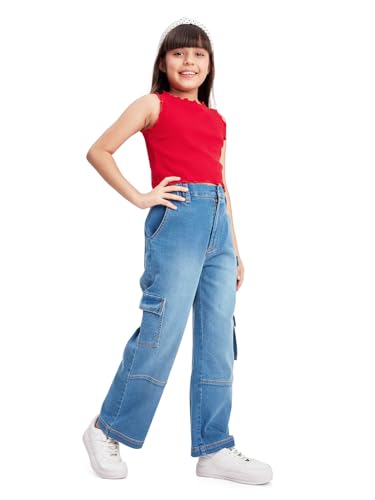 olele® | 7 Pockets Cargo Jeans Pants for Girls| Relaxed Fit Stretchable Denim Jeans Elasticated Waist Pant for 4 to 14 Years Kids