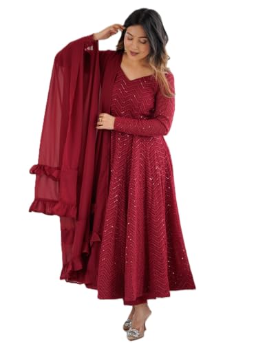 Leeli Peeri Designer Women's Georgette Lucknowi Sequence Work Anarkali Kurta Set With Dupatta.