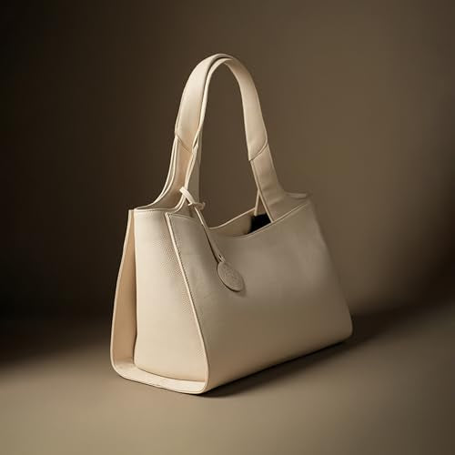 Theater Professor Aftermath Structured Cream Tote Bag for Women | Textured Faux Leather Shoulder Handbag with 3 Compartments & Zip Closure | Spacious Everyday Work Carryall