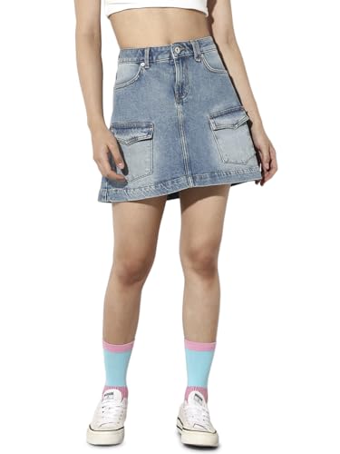 ONLY Women's Solid Flared High-Rise Blue Skirt