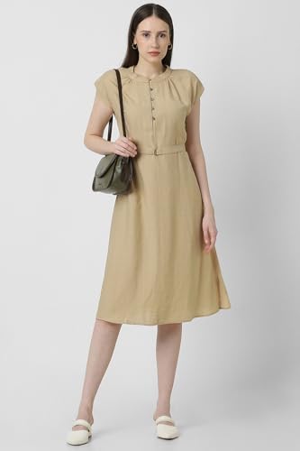 Van Heusen Women's Nylon Blend Modern Calf Length Dress (VWDRFRGPL10472_Beige