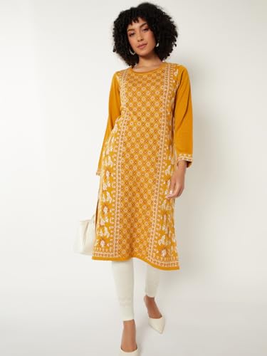 Max Women Knit Straight Winter Kurta (Yellow_XL)