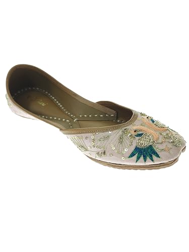 Fulkari Women's Peacock Peach Gold Soft Leather Embroidered Jutis | Bite and Pinch Free Jutti | Punjabi Formal Juttis | Girl's Wedding Flat Mojari | Formal Ethnic Juti | 36