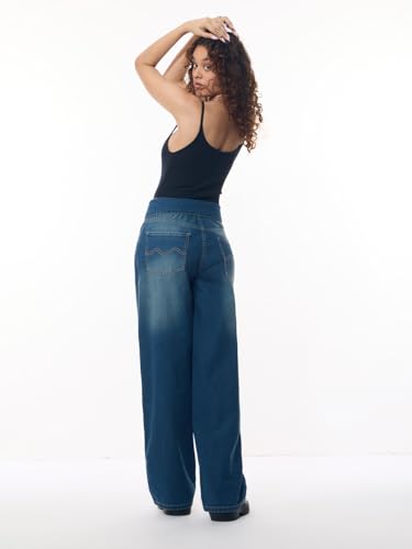 The Souled Store Baggy-Fit Denim: Blue Storm Women and Girls Zippered Fold-Over Cutout Waistband Medium Blue Washed Cotton Denim Lightweight Everyday All-Season Denim Jeans