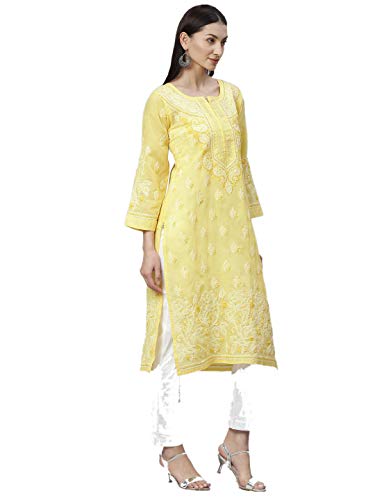 Ada Handcrafted Lucknow Chikan Women's Cotton Kurta with Trouser Set S811136_Yellow