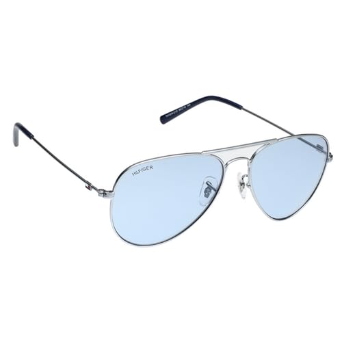TOMMY HILFIGER Men's UV Protected Eyewear | Blue Lens | Silver Frame | Full Rim Aviator Shape Branded Latest and Stylish Sunglasses | 100% UV Protection | Size Medium | TH 1574PL C12 Small