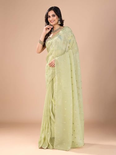 AKHILAM Women's Light Green Tissue Sequins Work Saree With Unstitched Blouse Piece (RANI2601_RN)