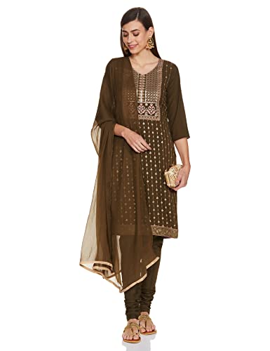 BIBA WOMEN EMBROIDERY FITTED SALWAR KURTA DUPATTA(SKDASSORTED7729_MEHANDI GREEN_32)