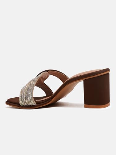 JM LOOKS Women's Block Heeled Sandals Low Chunky Heels Embellished Upper Open Square Toe Dress Shoes for Wedding Bridal Party - Brown