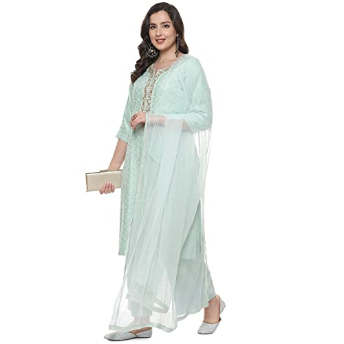 BIBA Women's Ethnic Green Cotton Kurta Suit Set (Size_S)