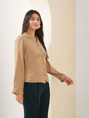 Latin Quarters Women Beige Collared Full Sleeves Solid Casual Shirt_XXL