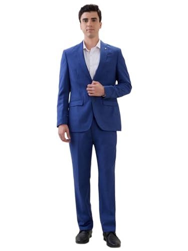 Raymond Men Contemporary Fit Solid Pattern Poly Wool Blend Notch Lapel Full Sleeve Formal Suit Blue