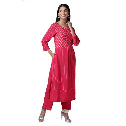 BIBA Women Fuchsia Rayon Straight Kurta Pants Set_46