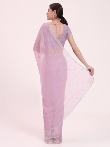 FIORRA Women's Lavender Organza Crushed Siroski Work Embellished Border Saree With Unstitched Blouse