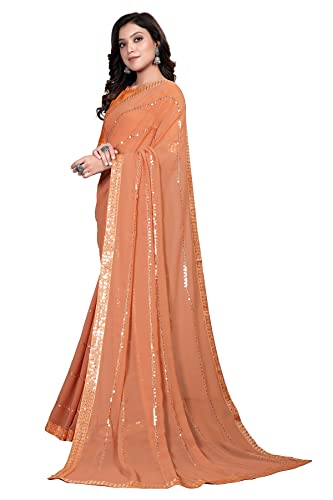 Pratham Blue Women's Sequins Georgette Fancy Saree with Blouse piece (PB-102_Orange)