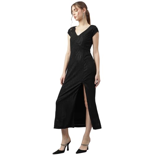 Latin Quarters Women Black V-Neck Short Sleeves Solid A-Line Dress L