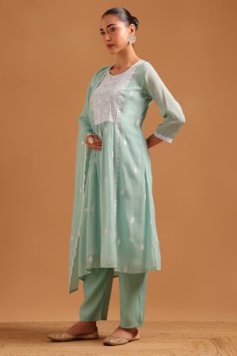 Soch Womens Turquoise Blue Mul Chanderi Embroidered Ethnic Motifs Chikankari Embroidery Salwar Suit