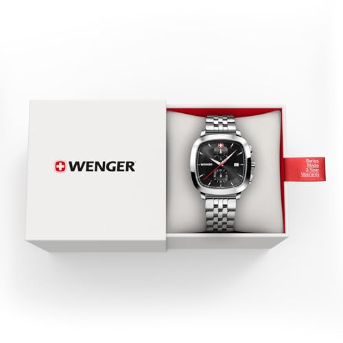 WENGER Vintage Classic Chrono | Swiss-Made Men's Chronograph Wrist Watch | Squircle Case, Quartz Movement, Black Dial, 40mm, 50M Water Resistant | Stainless Steel Strap | 01.1933.101