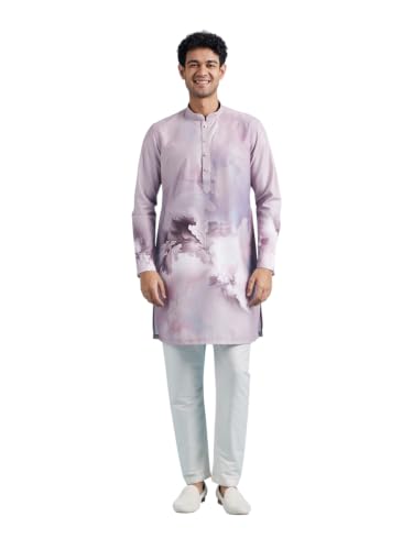 DIWAS BY MANYAVAR Men's Cotton Blend Floral Print Casual Kurta Pyjama Set (Purple,L)